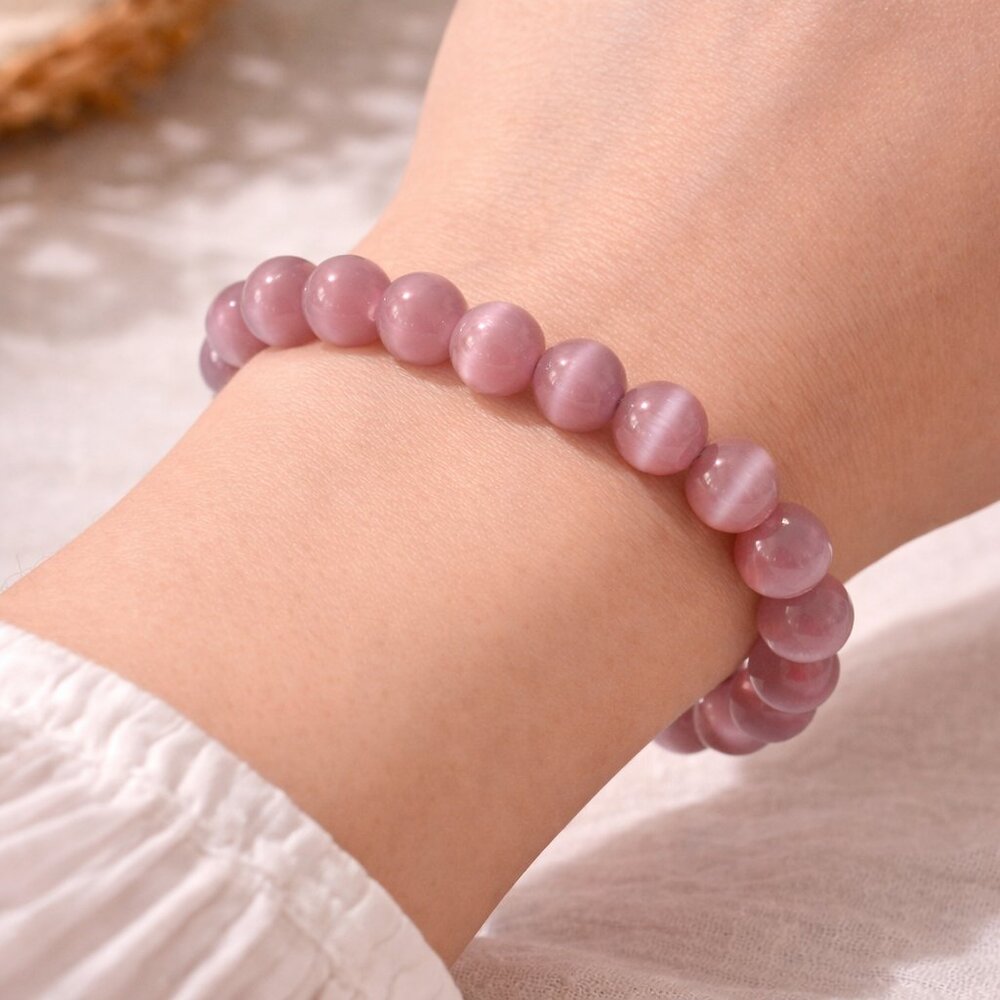 Dusty Rose Cat’s Eye Crystal 10MM Beaded Stretch Bracelet Gemstone Jewelry - Picture 3 of 10
